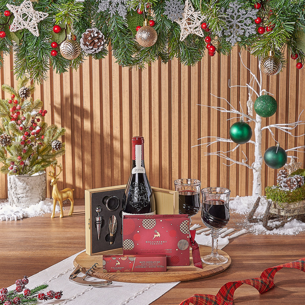 Hollyberry Wine and Chocolate Truffle Gift Set with Wooden Corkscrew Box – how the gift is presented