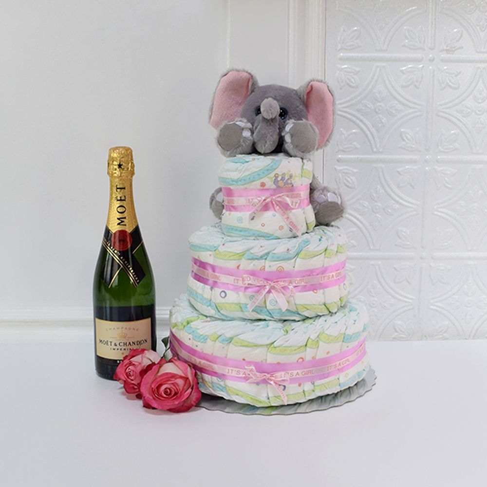 Celebration Champagne Gift Featuring a 40-Diaper Cake and Plush Elephant Toy – how the gift is presented