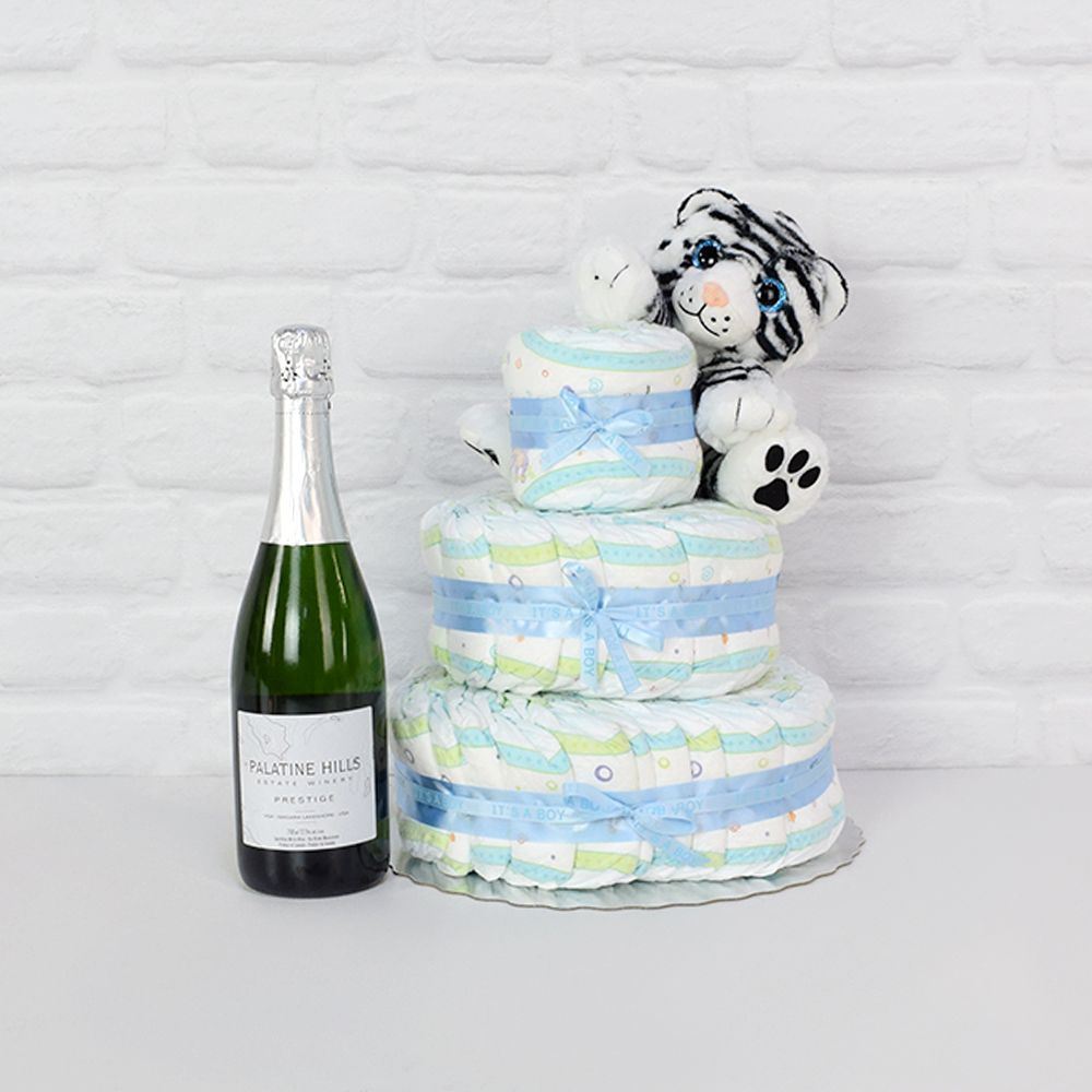 Diapers & Plush Tiger Champagne Gift Set from Boston Baskets - Boston Delivery