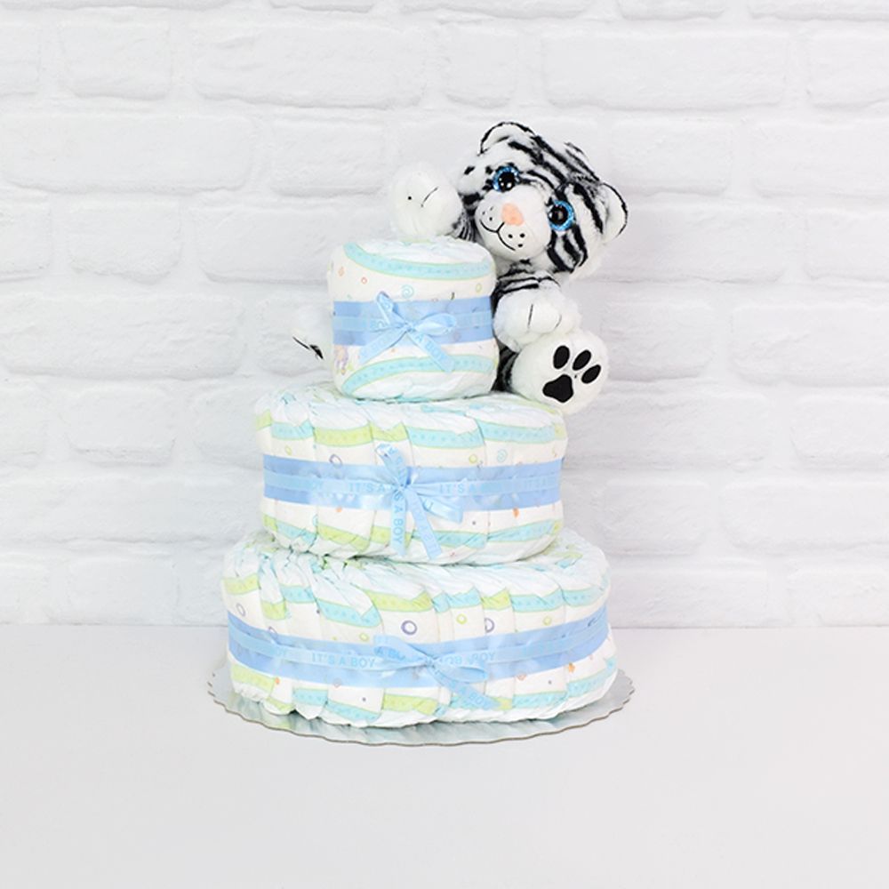 3-Tier Diaper Cake with Plush White Tiger Toy – gift basket with perfectly plush floppy friends white tiger and diaper cake 3 tier
