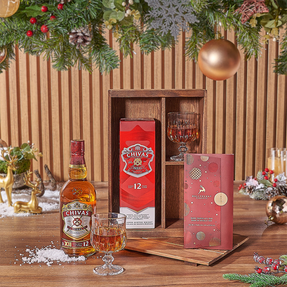 Premium Whiskey Gift Set with Dark Chocolate and Two Snifter Glasses – how the gift is presented