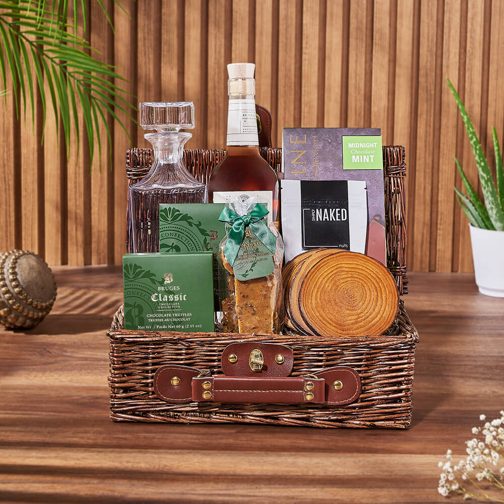 Whiskey Presentation Basket Featuring Ferguson Decanter and Gourmet Sweets – how the gift is presented