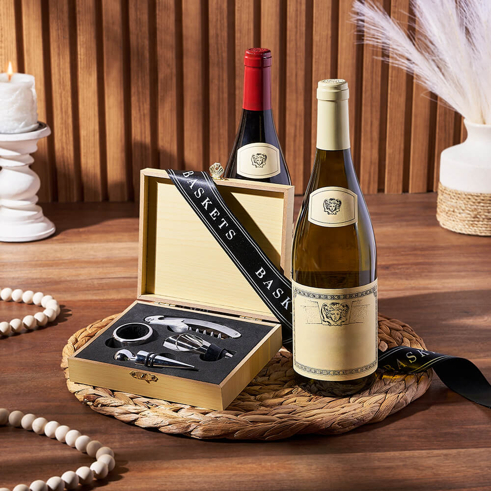 Wooden Case Wine Gift Basket Featuring Corkscrew and Pouring Spout – how the gift is presented