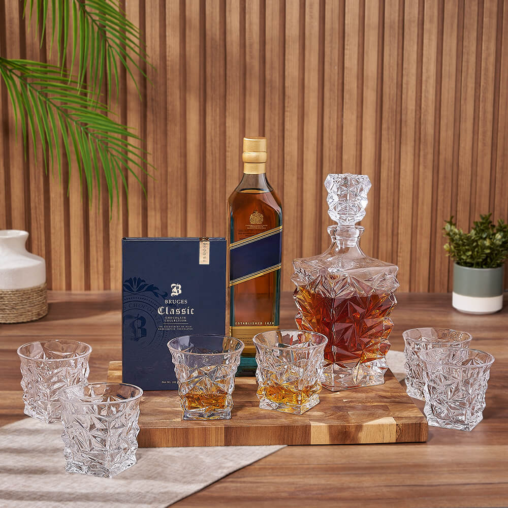 Decanter Gift Basket with Liquor, Artisan Chocolates, and Acacia Board – how the gift is presented