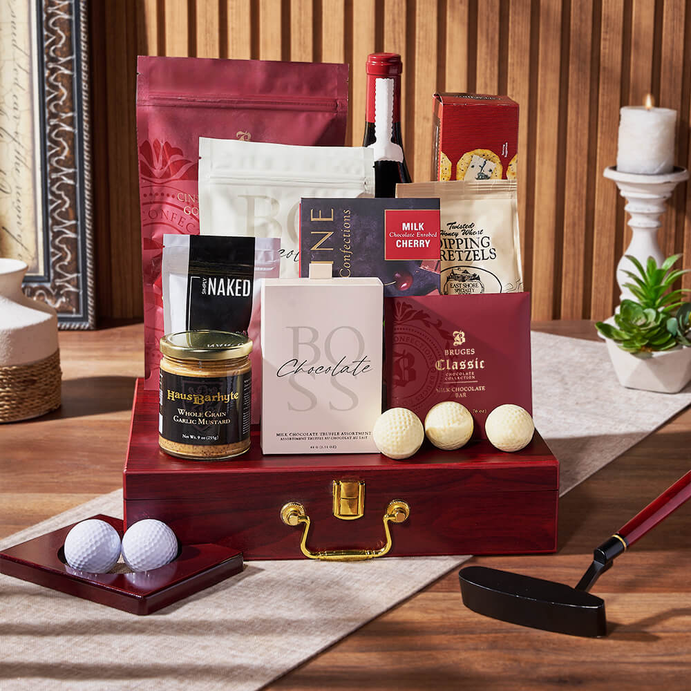 Executive Golf Wine & Snack Gift Set, wine gift, wine, chocolate gift, chocolate, golf gift, golf, Boston delivery