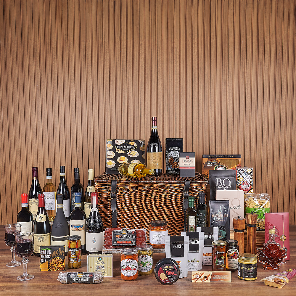 Vintage Wine Collection in Oversized Picnic Gift Basket – how the gift is presented