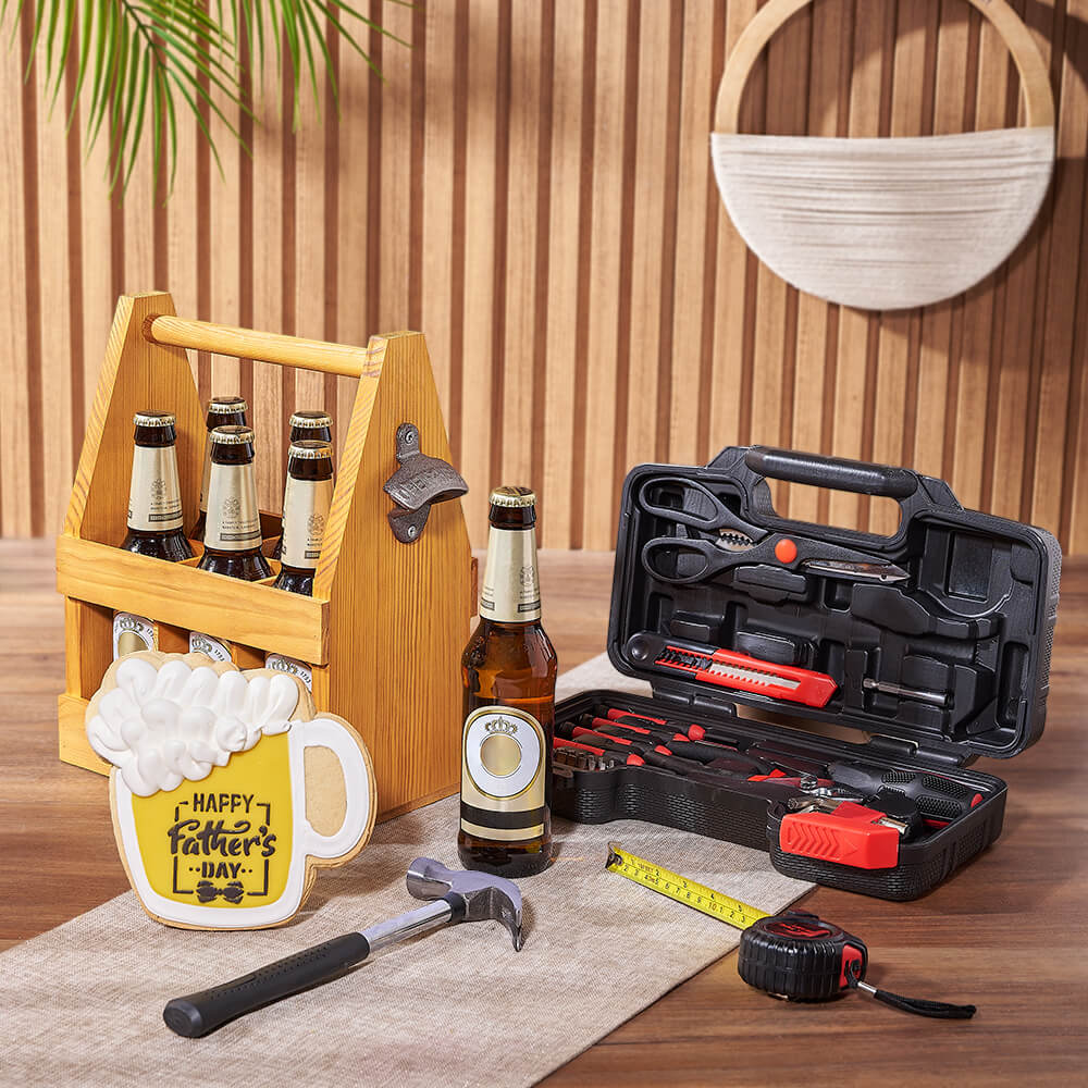 Father's Day Beer Selection in 6 Slot Wood Carrier with Tool Set Amenities – how the gift is presented