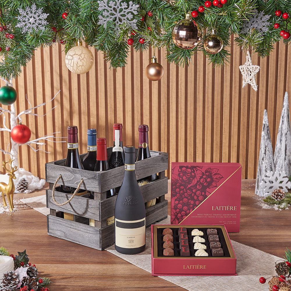 Premium Wine and Chocolate Gift Basket in Wooden Crate with Rope Handles – how the gift is presented