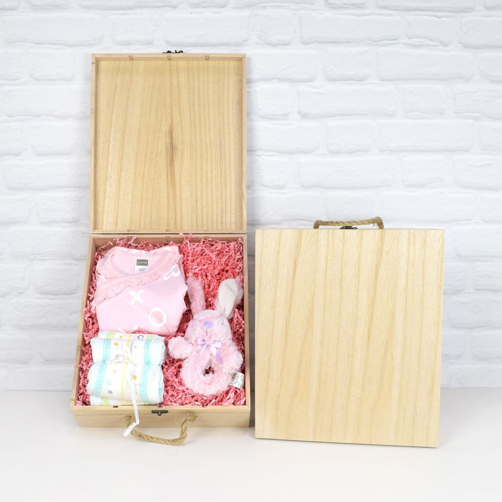 Baby Girl Essentials Kit: Diapers, Bodysuit & Bunny in Pine Box – how the gift is presented