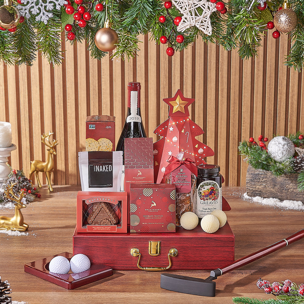 Festive Wine and Gourmet Snack Christmas Tree Box Gift Basket – how the gift is presented