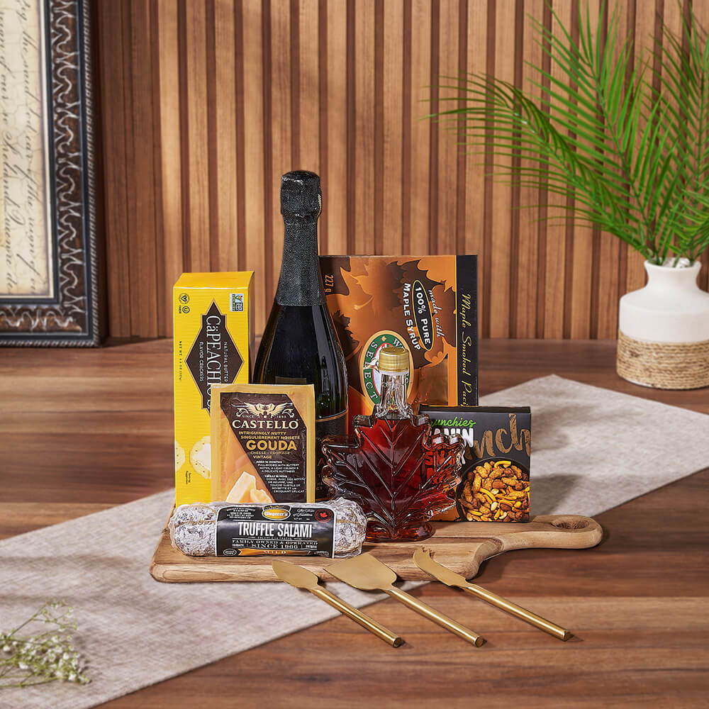 Sparkling Wine Basket Featuring Truffle Salami and Gouda Cheese – how the gift is presented