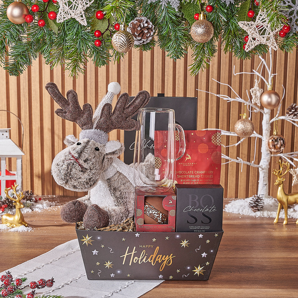 Holiday Chocolate Treat Gift Tray with Plush Reindeer – how the gift is presented