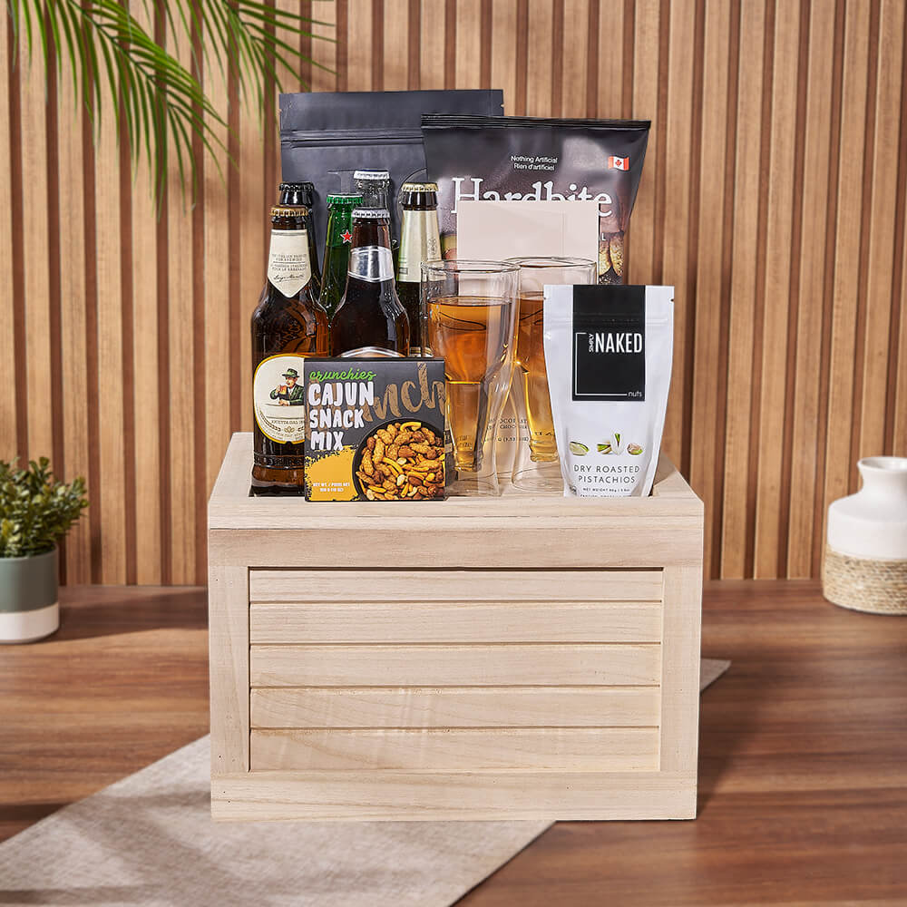 Robust Wooden Crate Beer and Cajun Snack Gift Basket – how the gift is presented