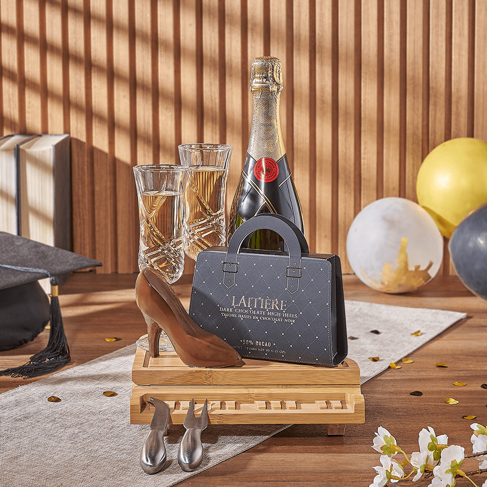 Sparkling Wine Gift Basket Featuring Bamboo Piano Cheese Board and Odessa Flutes – how the gift is presented