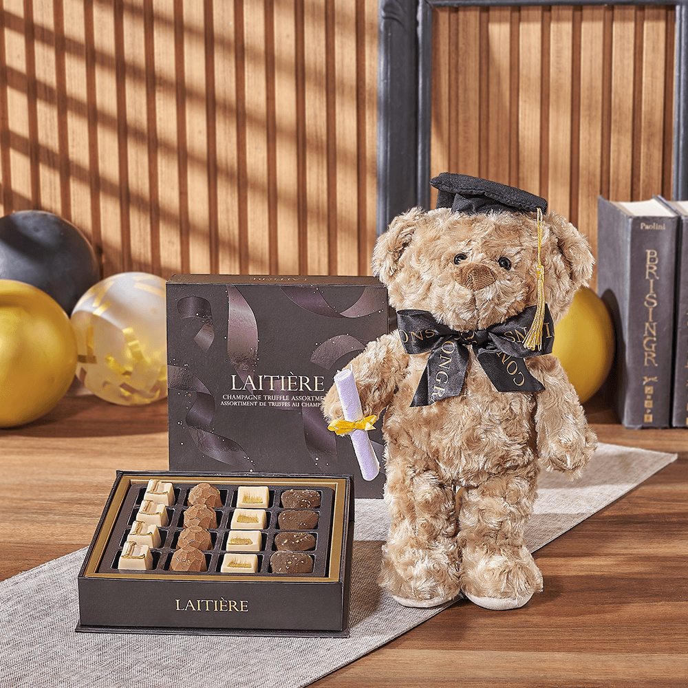 Graduation Celebration Gift Featuring Teddy Bear and Truffle Assortment – how the gift is presented