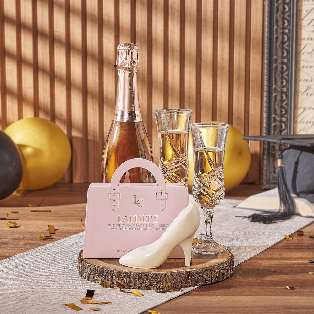 Graduation Sparkling Wine Basket with White Chocolate & Live-Edge Board – how the gift is presented
