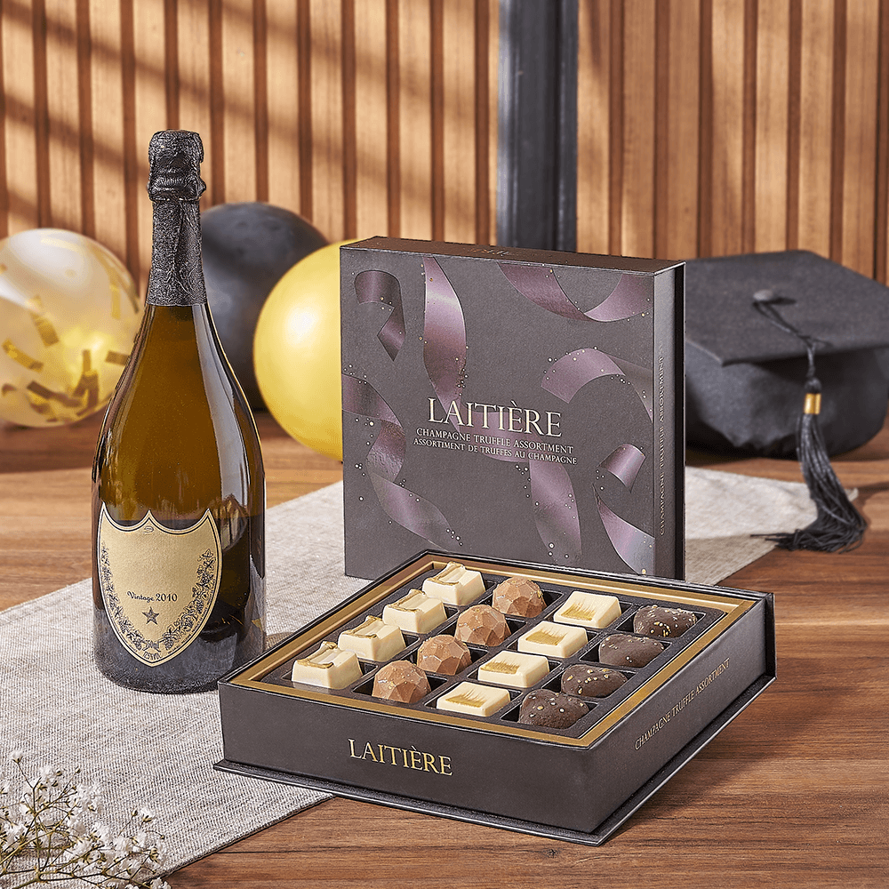 Sparkling Wine and Laitière Truffle Gift Basket for Graduation – how the gift is presented