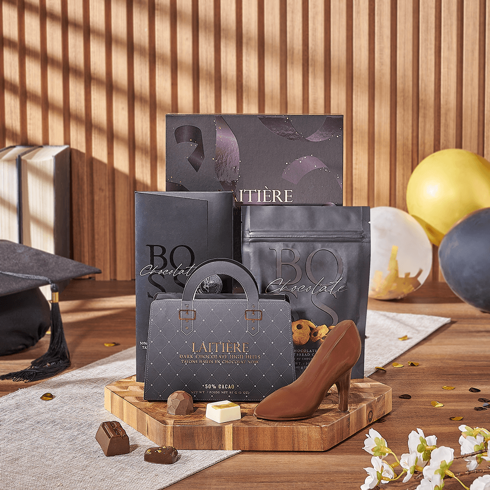 Graduation Chocolate Gift Box Featuring High Heel Truffles and Dark Chocolate – how the gift is presented