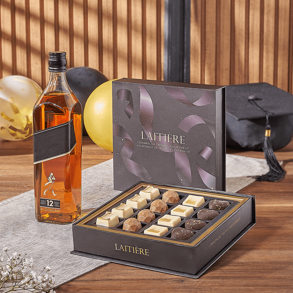 Graduation Celebration Basket Featuring Fine Liquor and Truffles – how the gift is presented