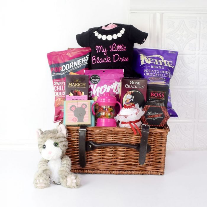 Stylish Baby Girl Gift Basket with Plush Toy and Bodysuit – how the gift is presented
