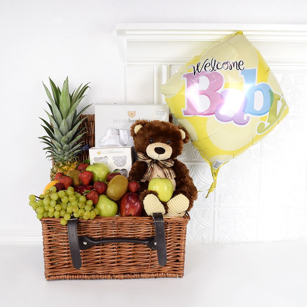 Welcome Baby Gift Basket with Plush Bear and Gourmet Fruit – how the gift is presented