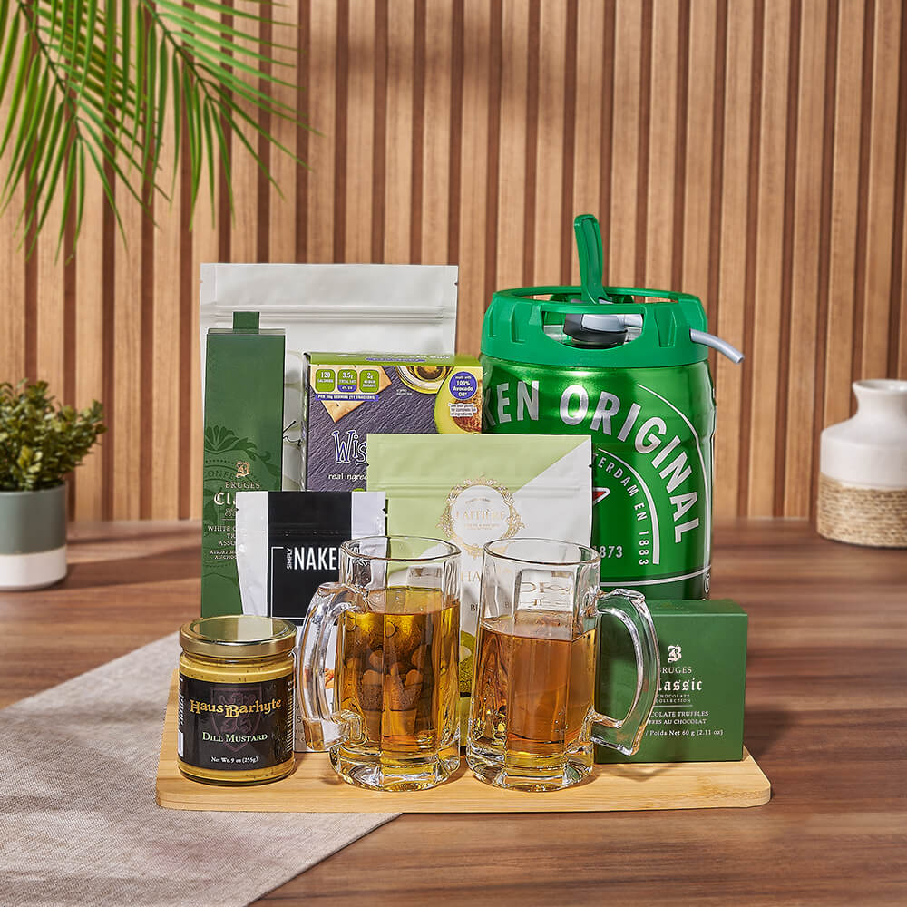 St. Patrick’s Day Celebration Beer Basket with Gourmet Snacks – how the gift is presented