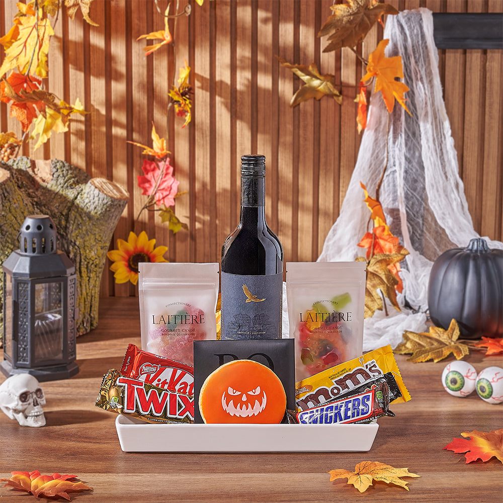 12-Inch Ceramic Serving Platter with Red Wine and Halloween Treats – how the gift is presented