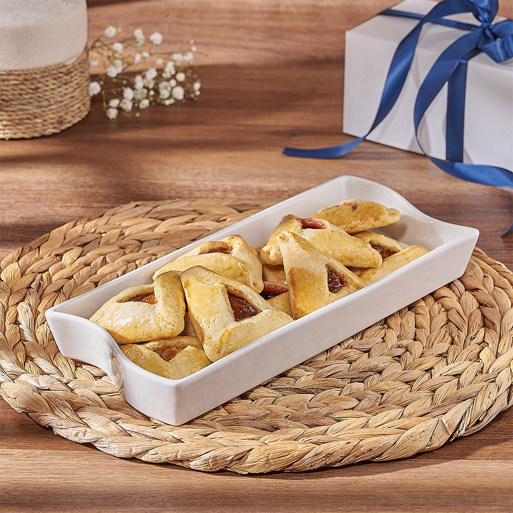 Deluxe Hamantaschen Cookie Gift Basket in Ceramic Platter – how the gift is presented
