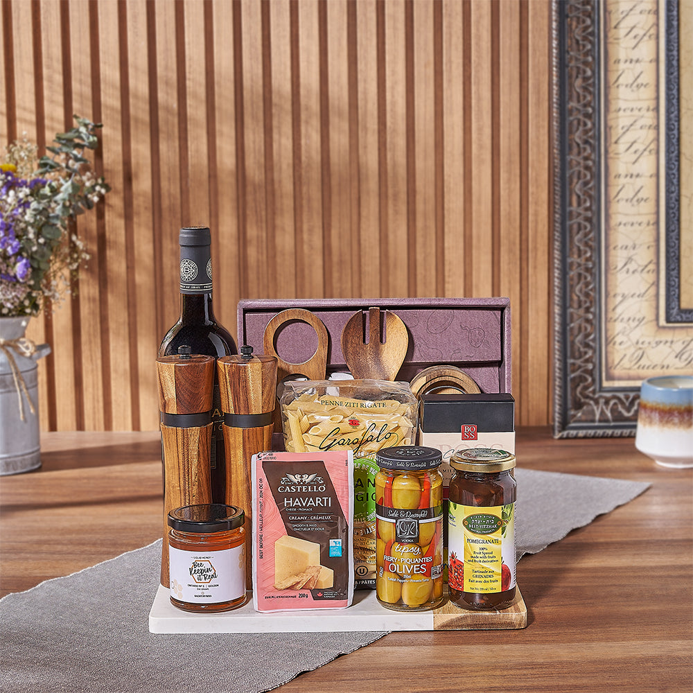 Kosher Wine and Pasta Hanukkah Basket – how the gift is presented