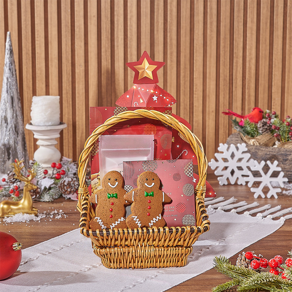 Small Wicker Basket with Holiday Chocolates Gift Basket – how the gift is presented