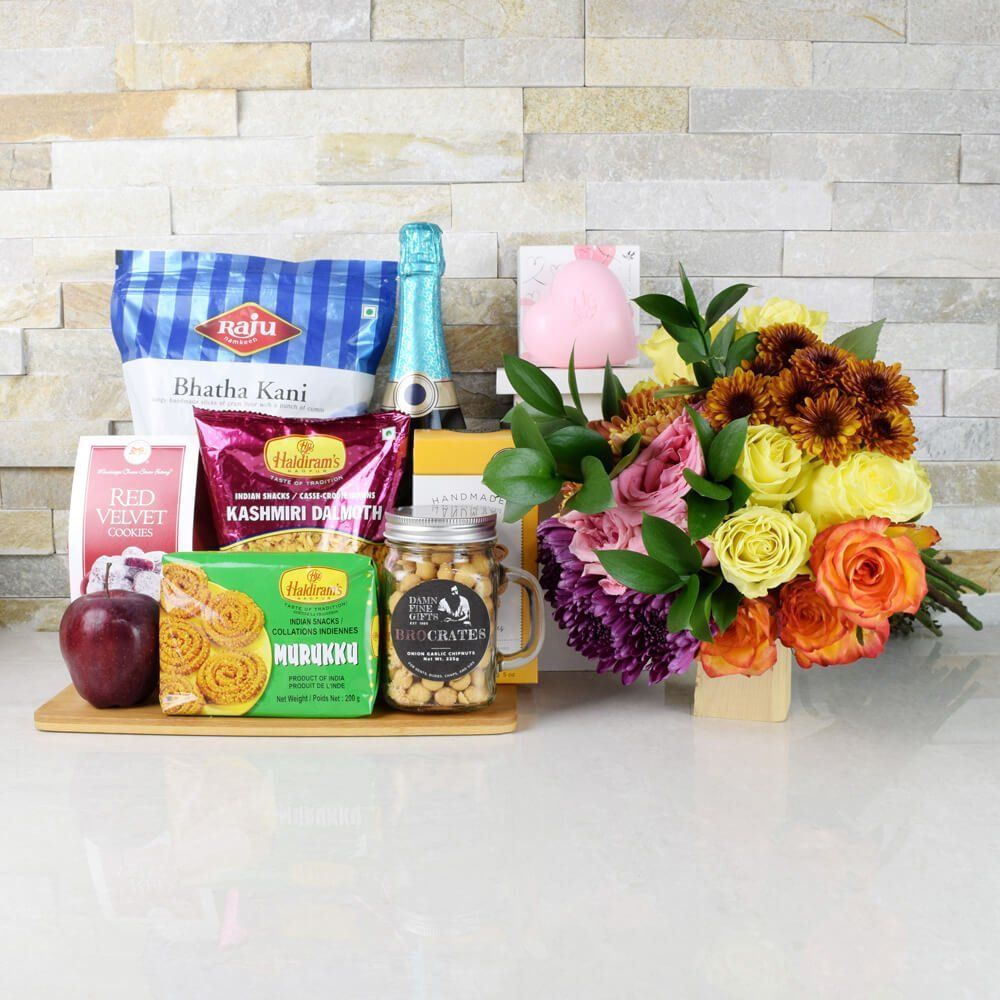 Diwali Champagne and Snack Basket – how the gift is presented