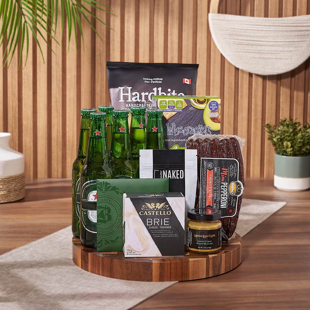 Heineken 6-Pack Beer Gift Basket with Artisan Chips and Mustard – how the gift is presented