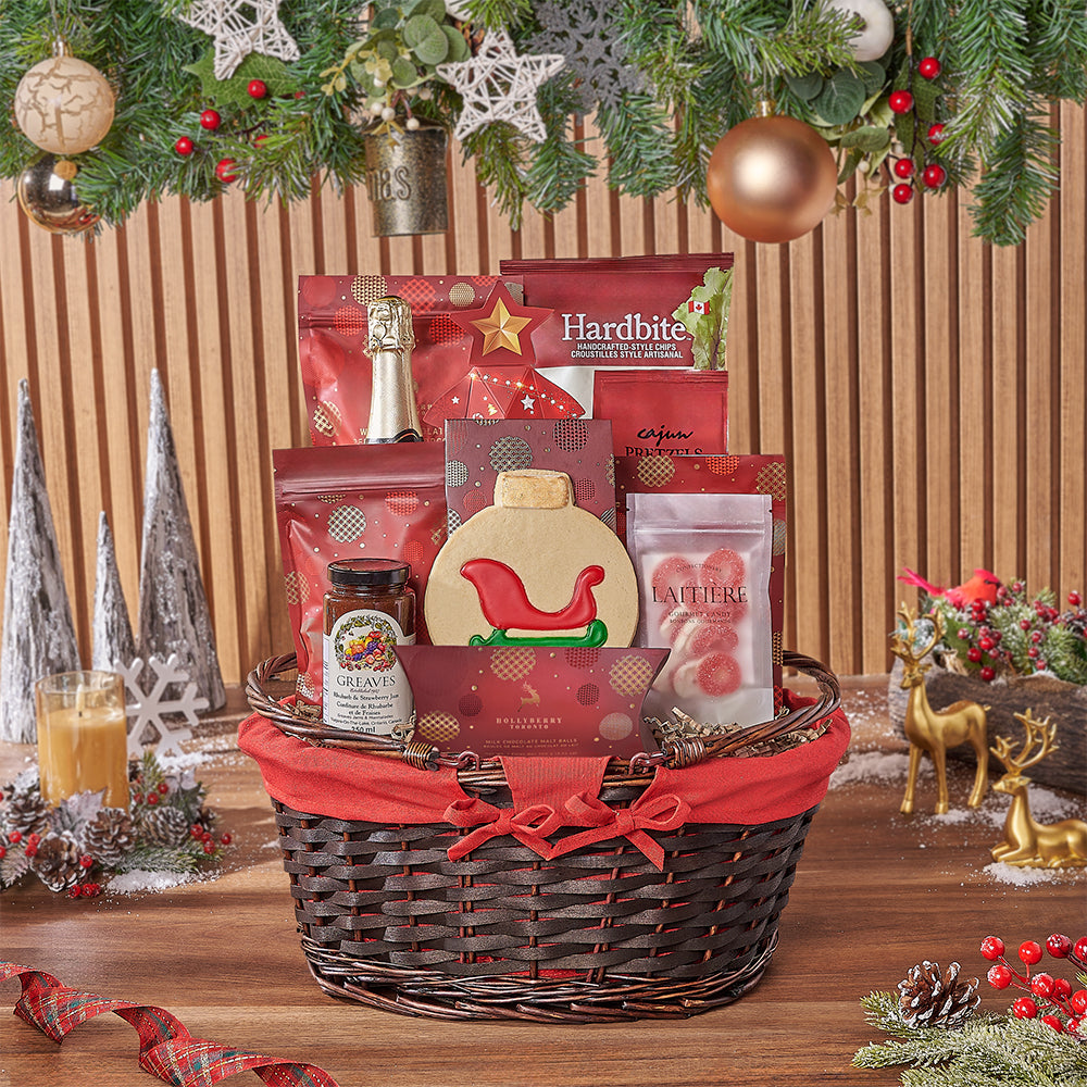 Sparkling Wine Holiday Gift Basket in Oval Wicker with Gourmet Foods – how the gift is presented