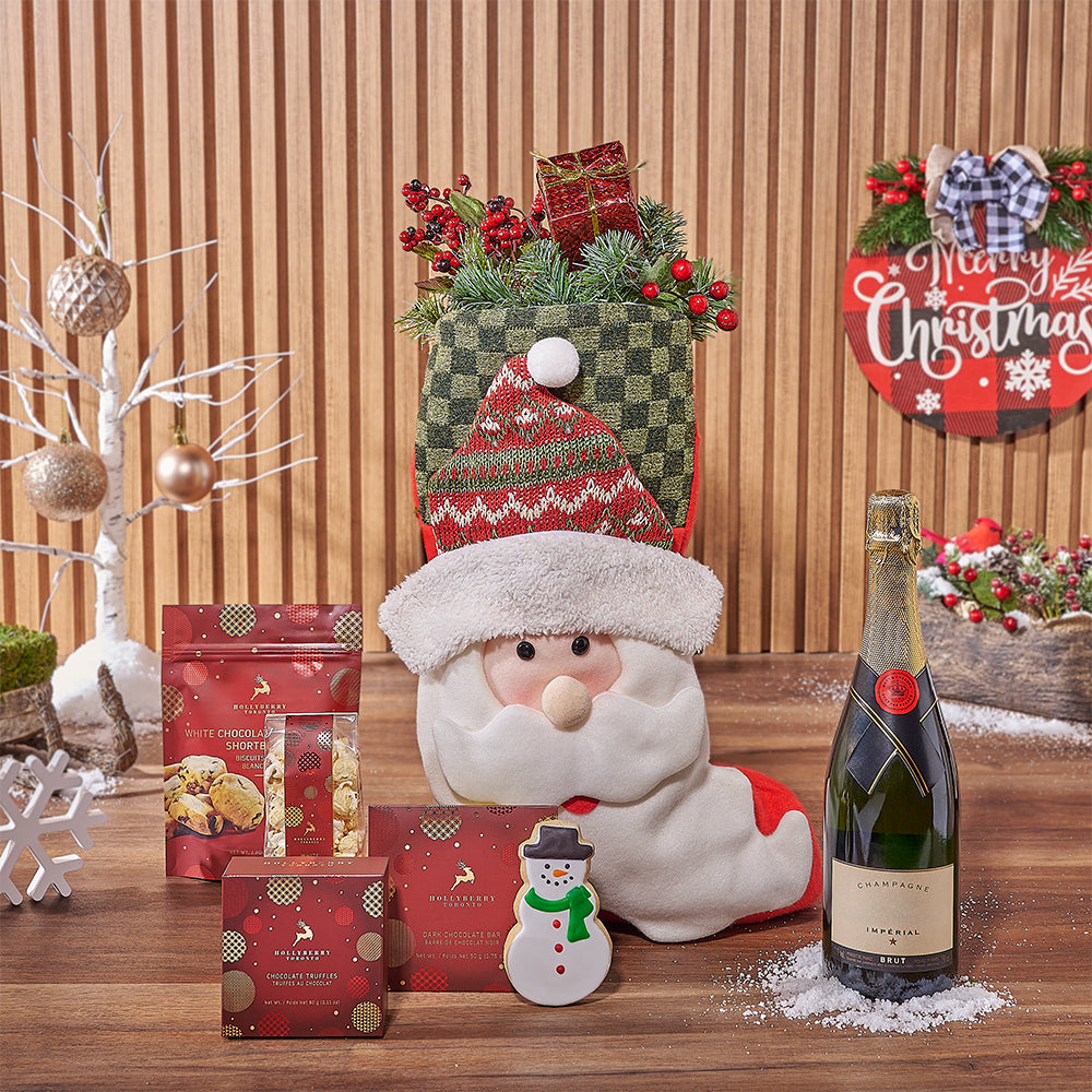 Festive Sparkling Wine Christmas Stocking with Gourmet Chocolates Gift – how the gift is presented