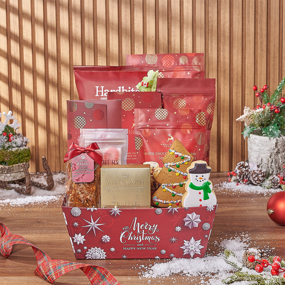 Holiday Gourmet Treats Gift Basket in Red Market Tray – how the gift is presented