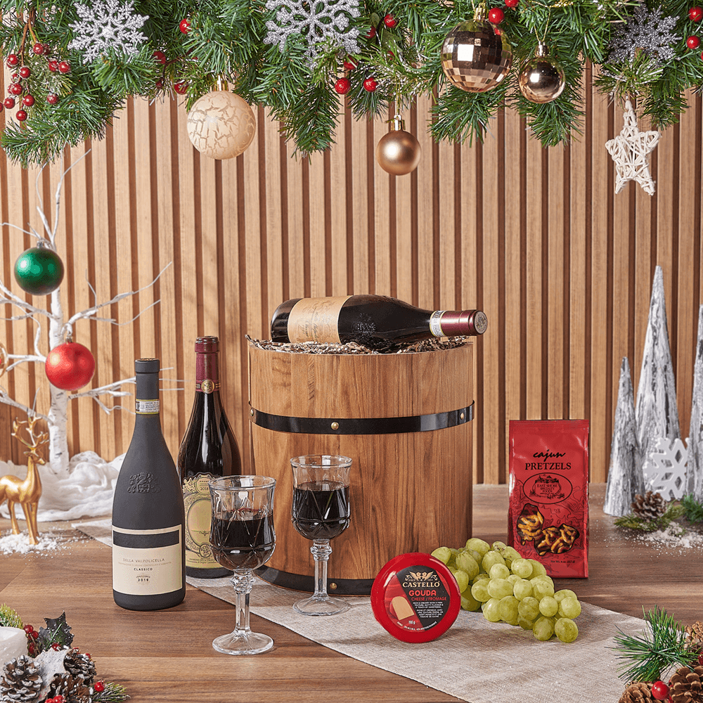 Wooden Half Barrel Wine Gift Featuring Gouda Cheese and Green Grapes – how the gift is presented