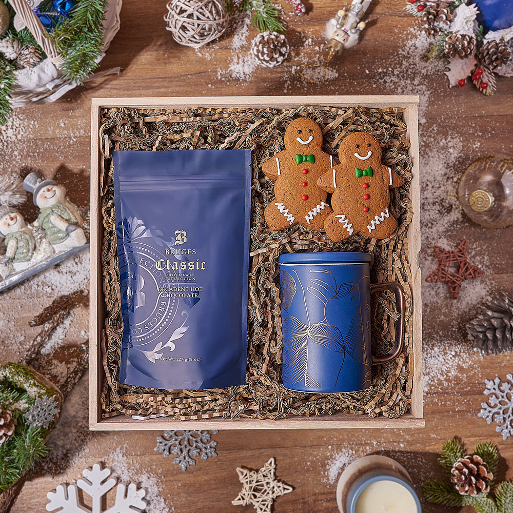 Blue Mug and Hot Chocolate Gourmet Gift Basket – how the gift is presented