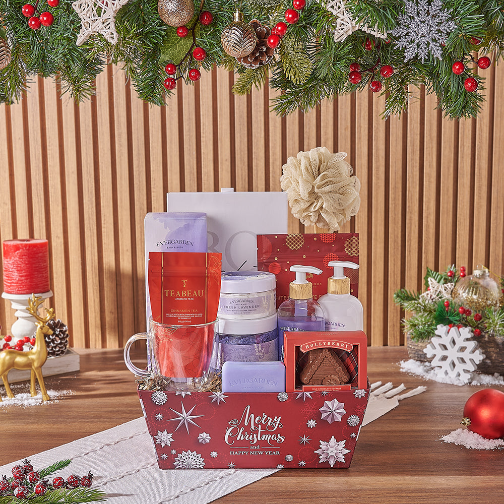 Holiday Wellness and White Chocolate Spa Gift Basket – how the gift is presented