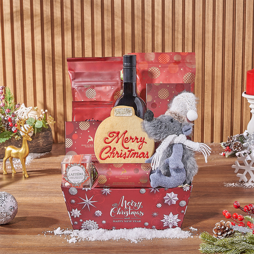 Festive Holiday Wine Gift Basket with Gourmet Chocolates and Snacks – how the gift is presented