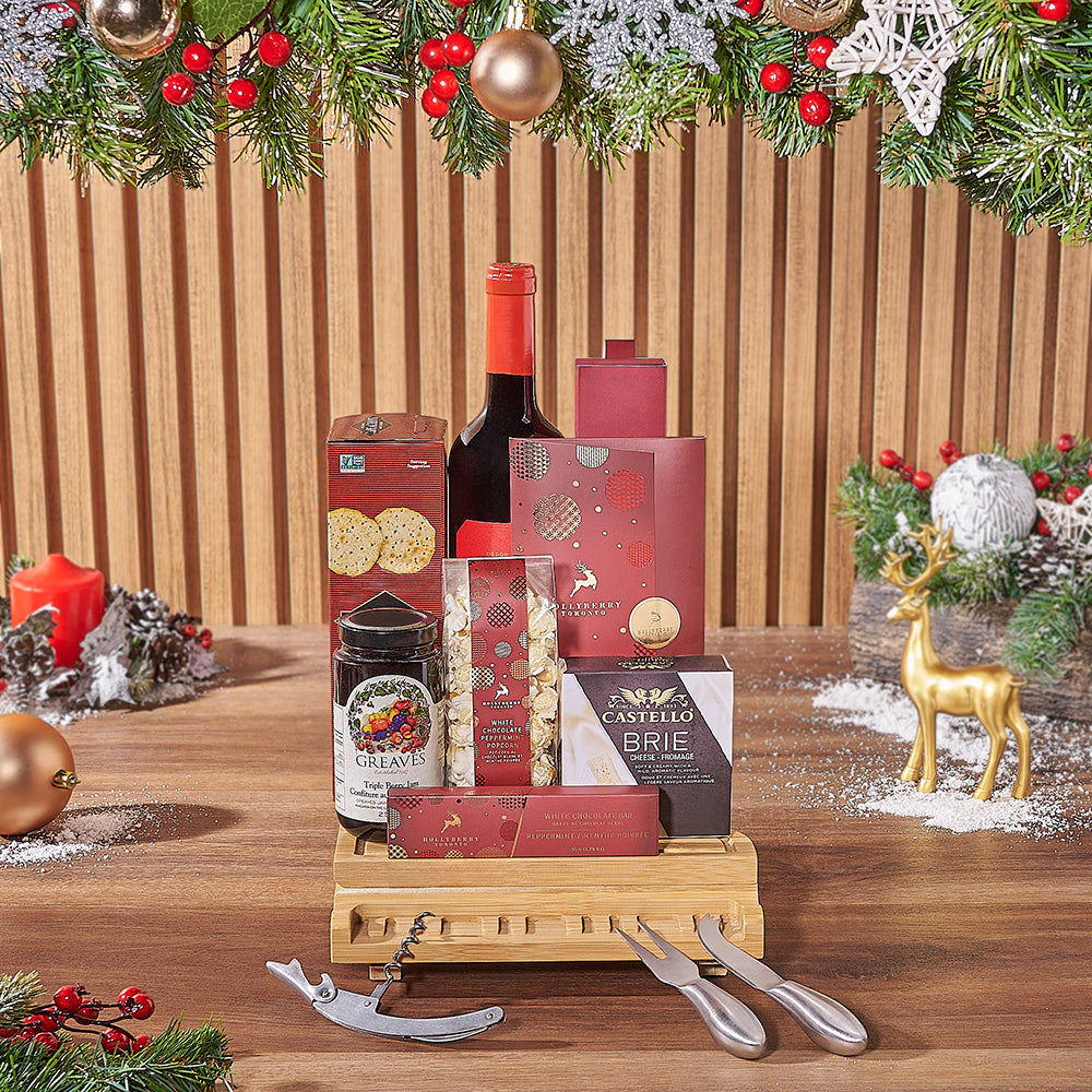 Grand Piano Cheese Board Wine Basket with Multigrain Crackers and Sweets – how the gift is presented