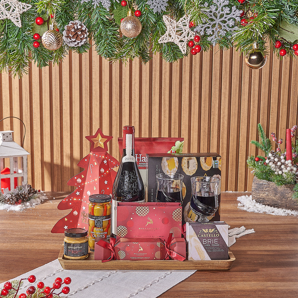 Festive Wine Gift Basket Featuring Tipsy Fiery Olives and Artisan Crackers – how the gift is presented