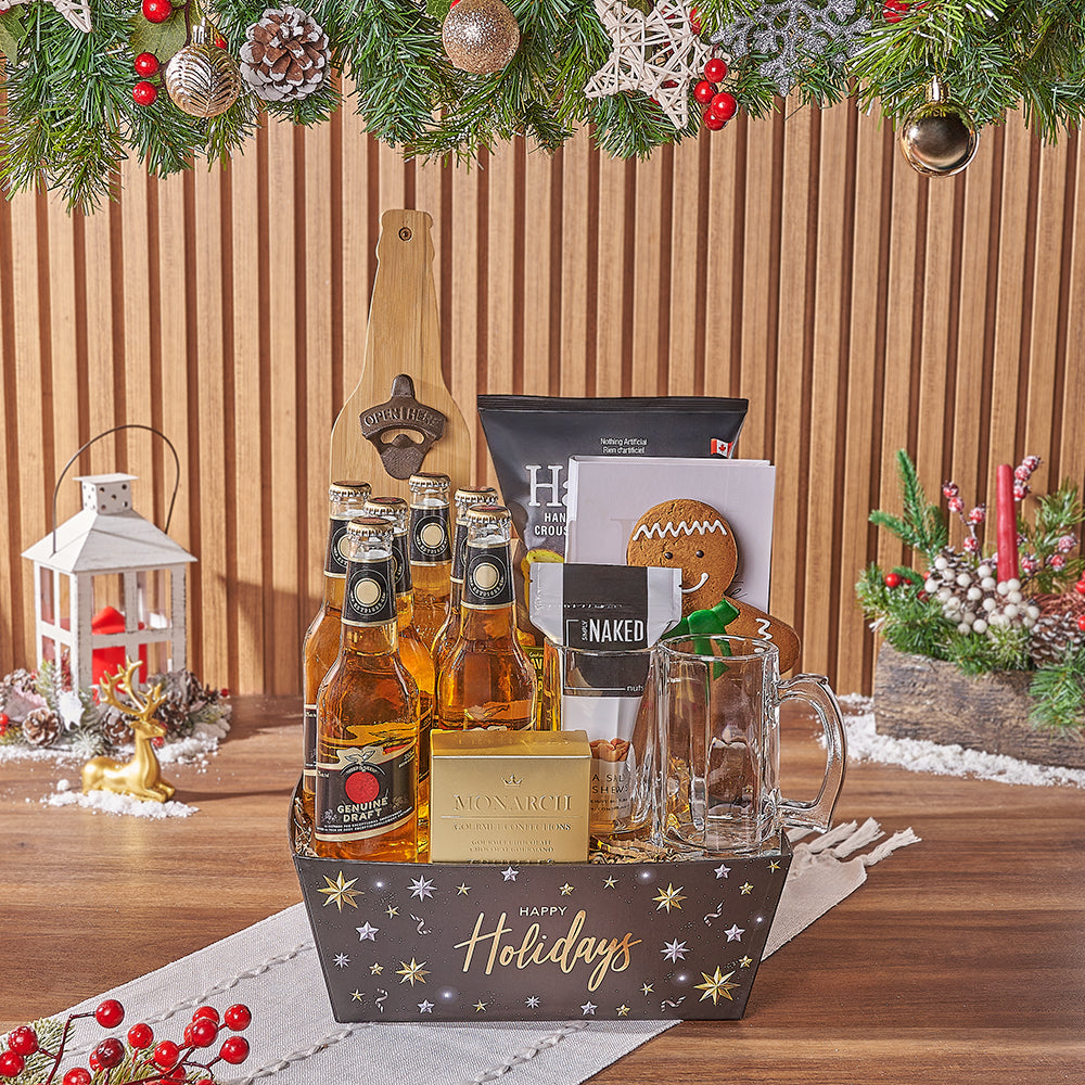 Holiday Beer Gift Basket with Gourmet Snacks and Tankard – how the gift is presented