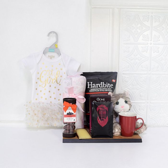 Premium Baby Girl Celebration Gift Basket with Gourmet Treats – how the gift is presented