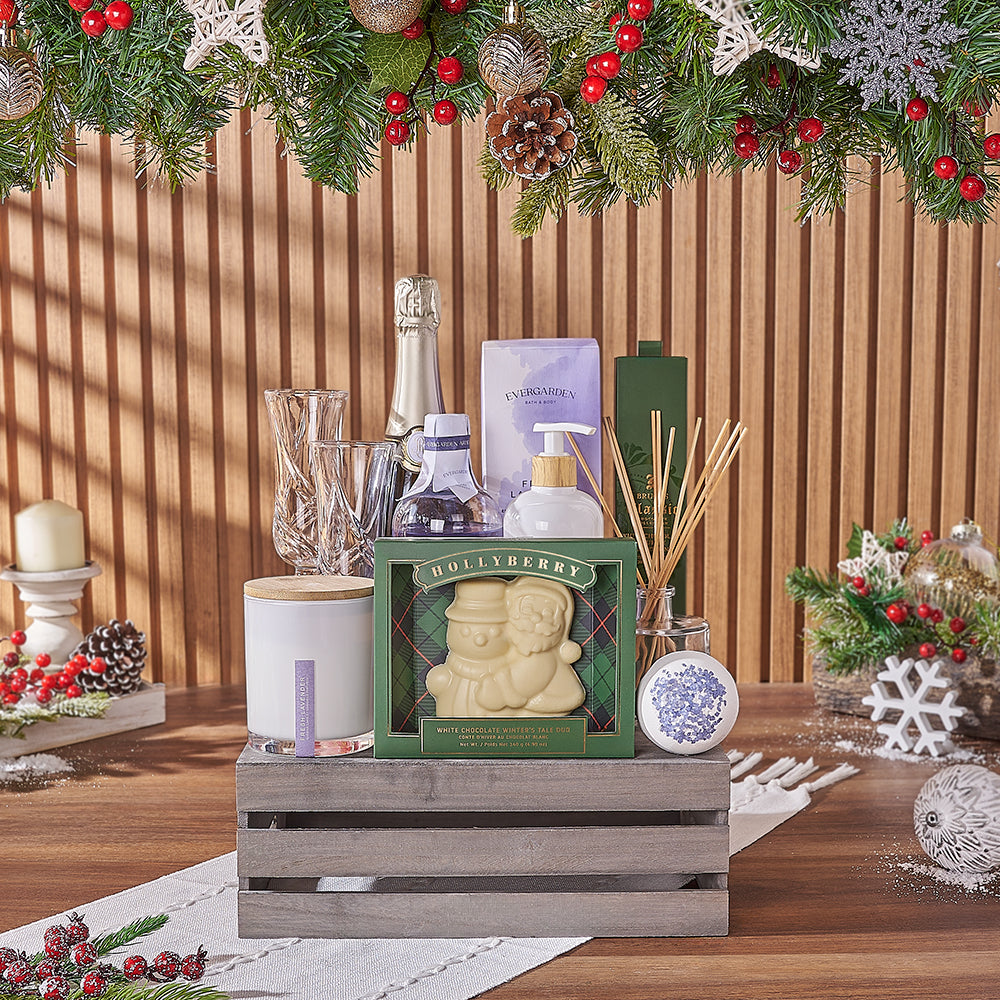 Sparkling Wine Gift Crate Featuring Lavender and White Chocolate Truffles – how the gift is presented