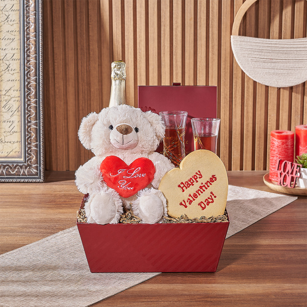 Valentine's Day Sparkling Wine Gift Basket with Milk Chocolate Truffles – how the gift is presented