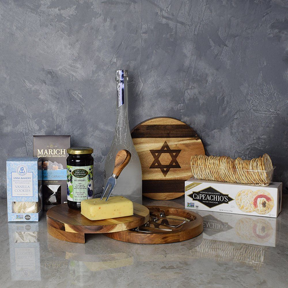 Vodka Gift Basket with Marich Chocolates, Gourmet Cheese, and Cheese Knives – how the gift is presented