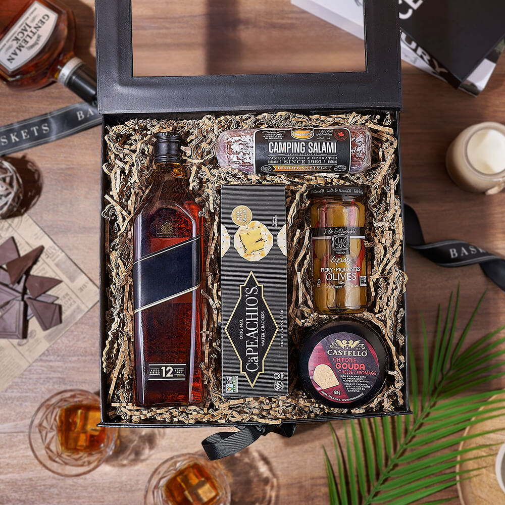 Large Whiskey and Gourmet Snack Gift Basket in Black Folding Box – how the gift is presented