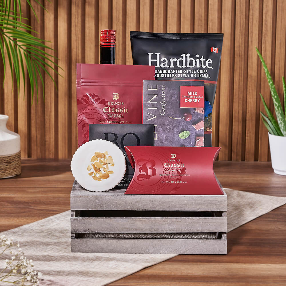 Vodka and Handcrafted Gourmet Treats Gift Basket in Stylish Grey Crate – how the gift is presented
