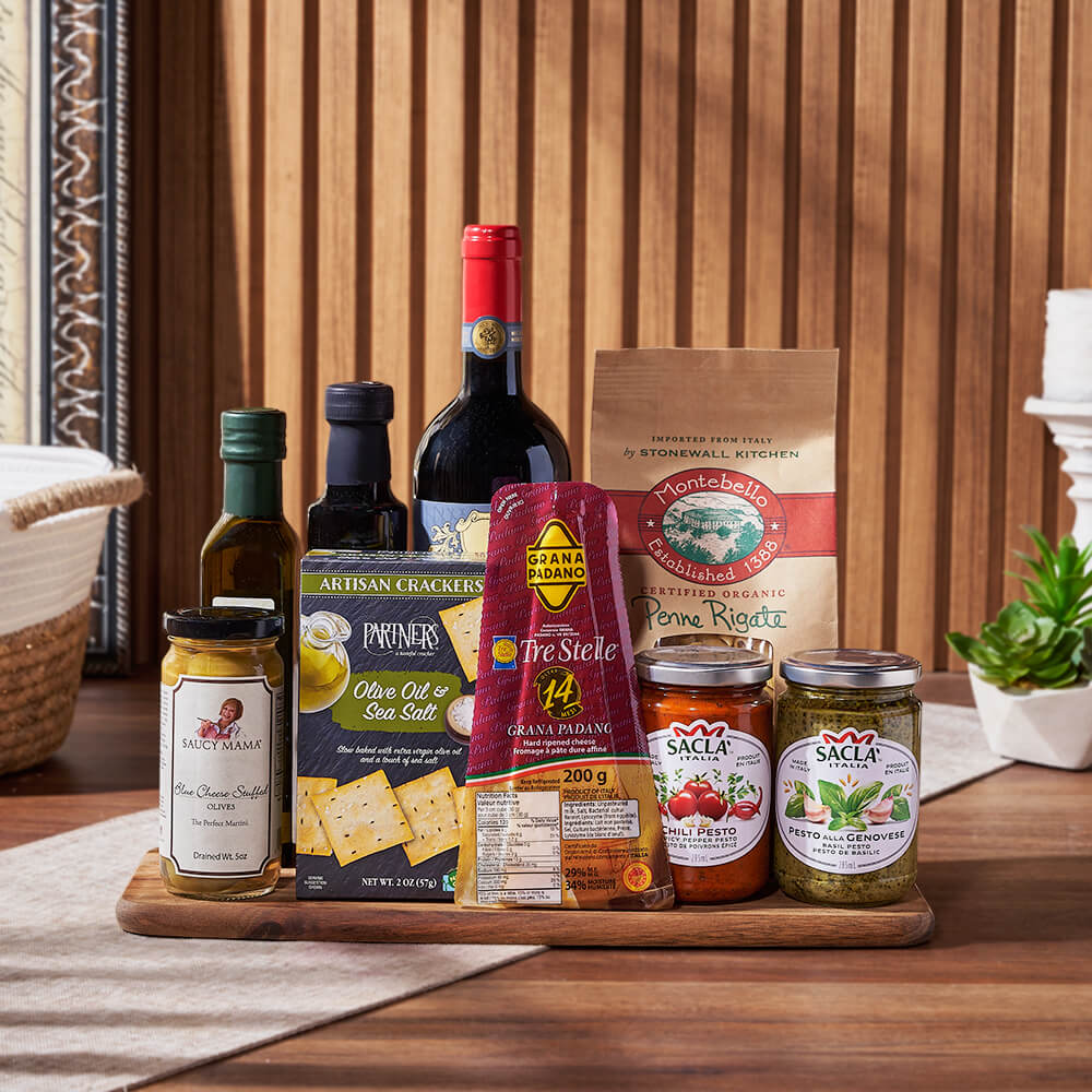 Wine and Italian Gourmet Basket – how the gift is presented