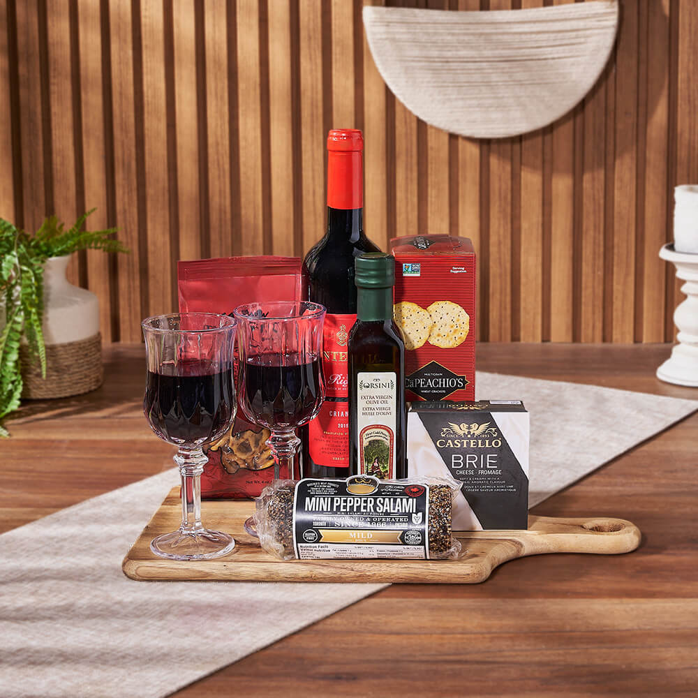 Wooden Serving Board Wine Gift Basket with Brie and Salami – how the gift is presented
